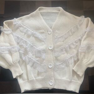 White Lace Trim Button-Up Cardigan